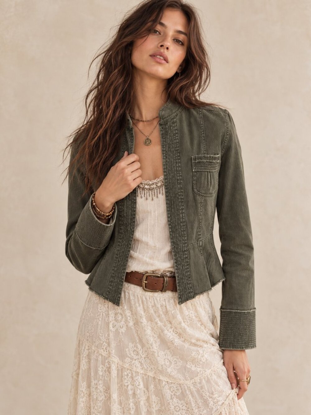 Pookie & Sebastian Olive Stretch Corduroy Fitted Military Peplum Boho Jacket M